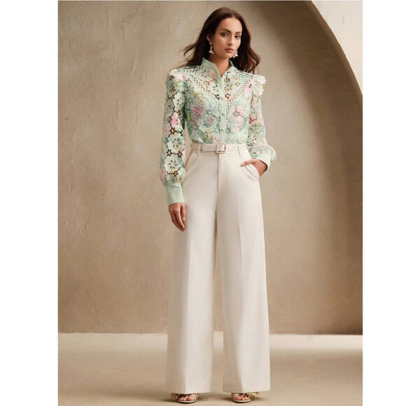 Mint Green Floral Lace Blouse | Elegant Sheer Long Sleeve Button-Up Top - Picture 2 of 4